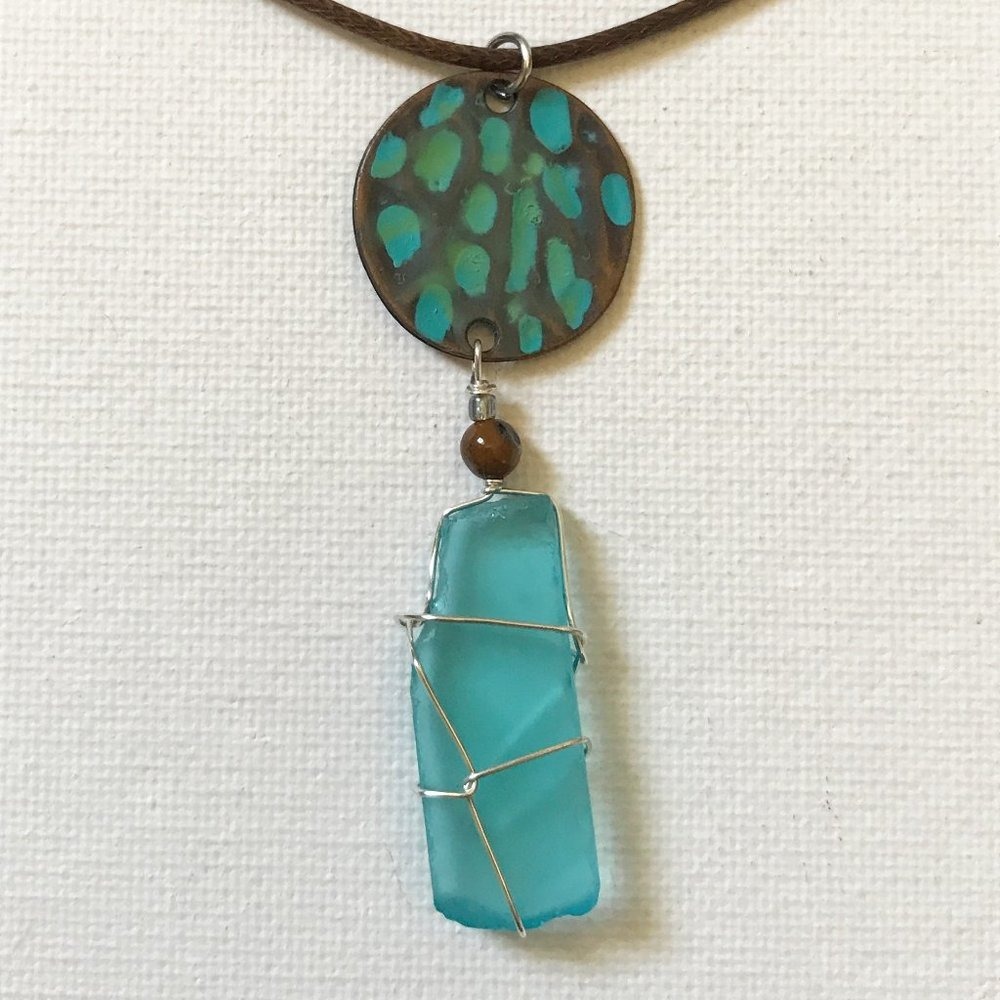 Copper Disc Turquoise Sea Glass Necklace Ocean Boho Summer Coast Mermaid Summer